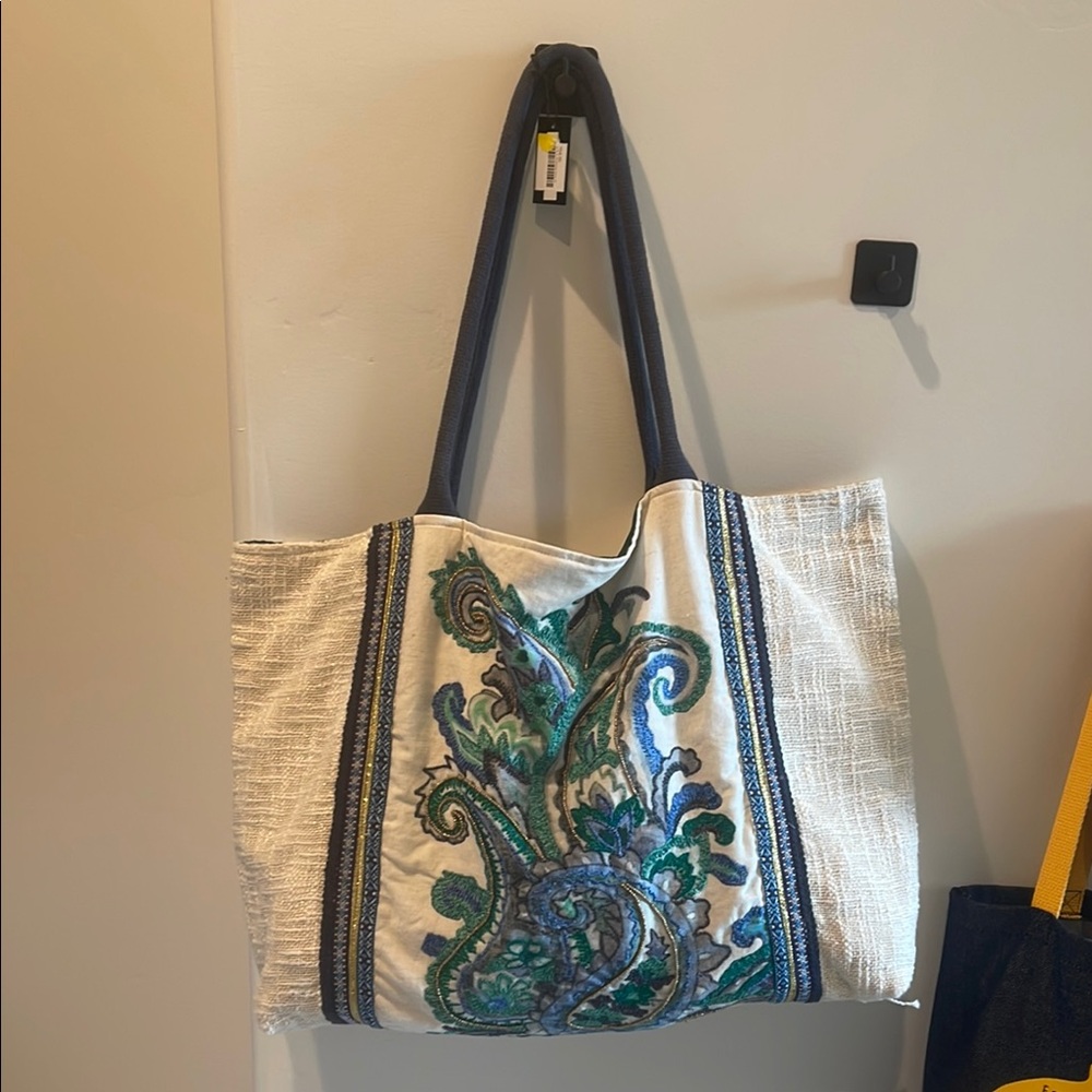 Embroidered Blue and Green Tote Bag